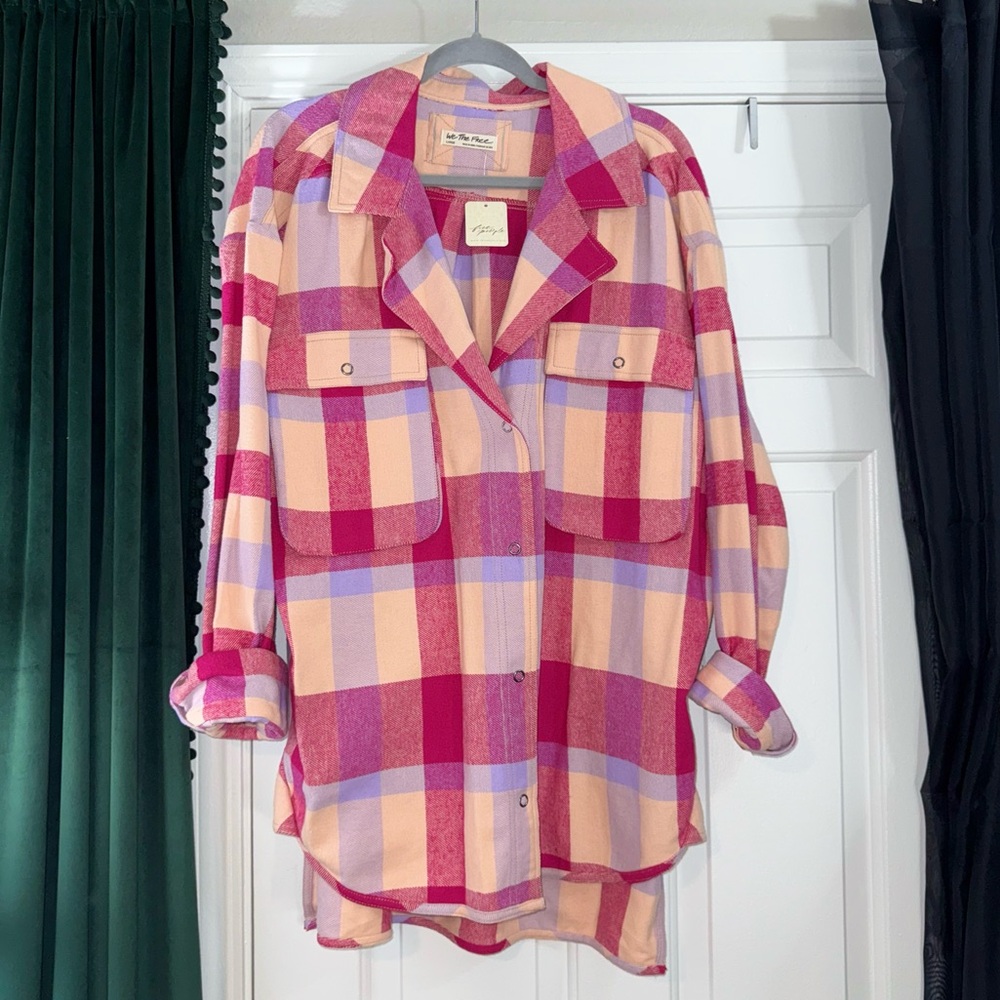 NWT Free People We The Free Izzie Cargo Flannel Shirt Pink Size Large